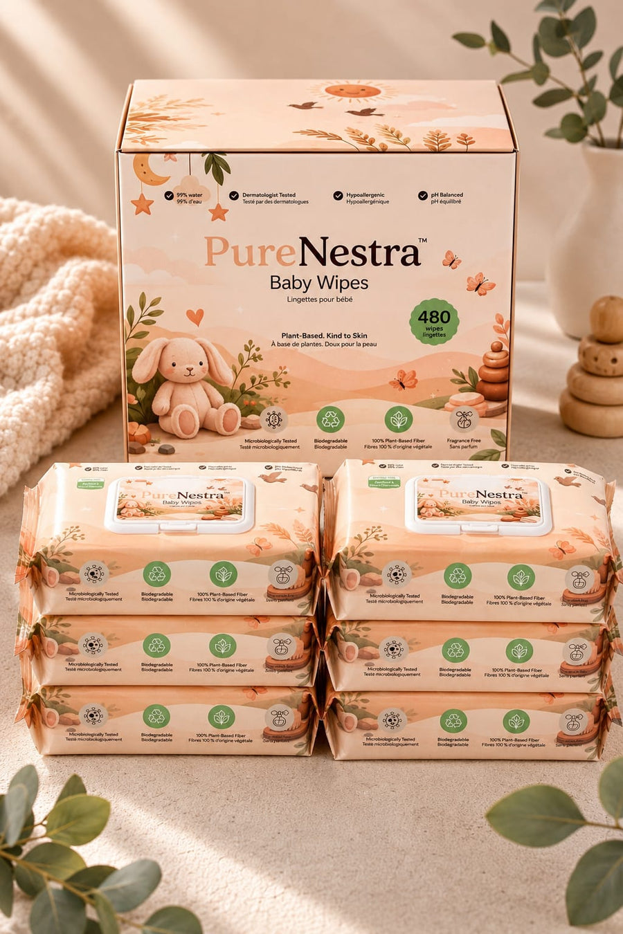 Baby Wipes | 99% Purified Water, Plant-Based | Fragrance-Free, Hypoallergenic, Dermatologist Tested | 480 Count (6 Packs)